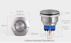 28mm Metal Kırmızı Ledli Buton Paslanmaz/Çelik Ip65